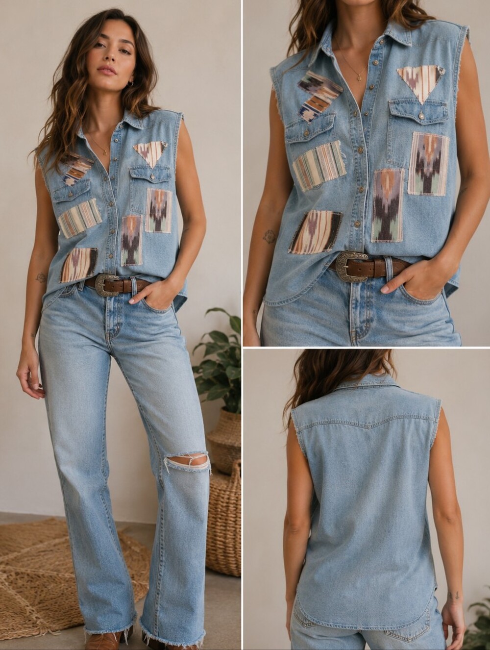 Vintage Western Denim Sleeveless Button-Down Shirt
